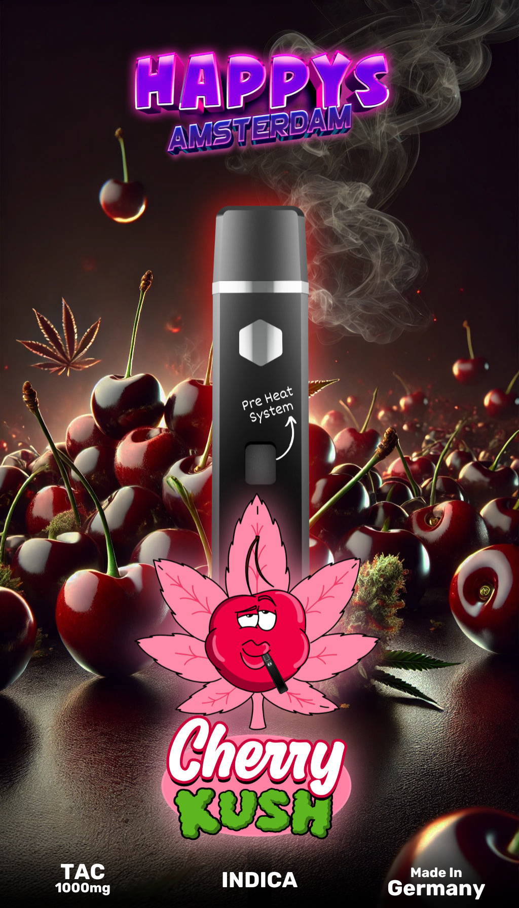 Happys Amsterdam Premium 1ml TAC Vape Cherry Kush - Indica